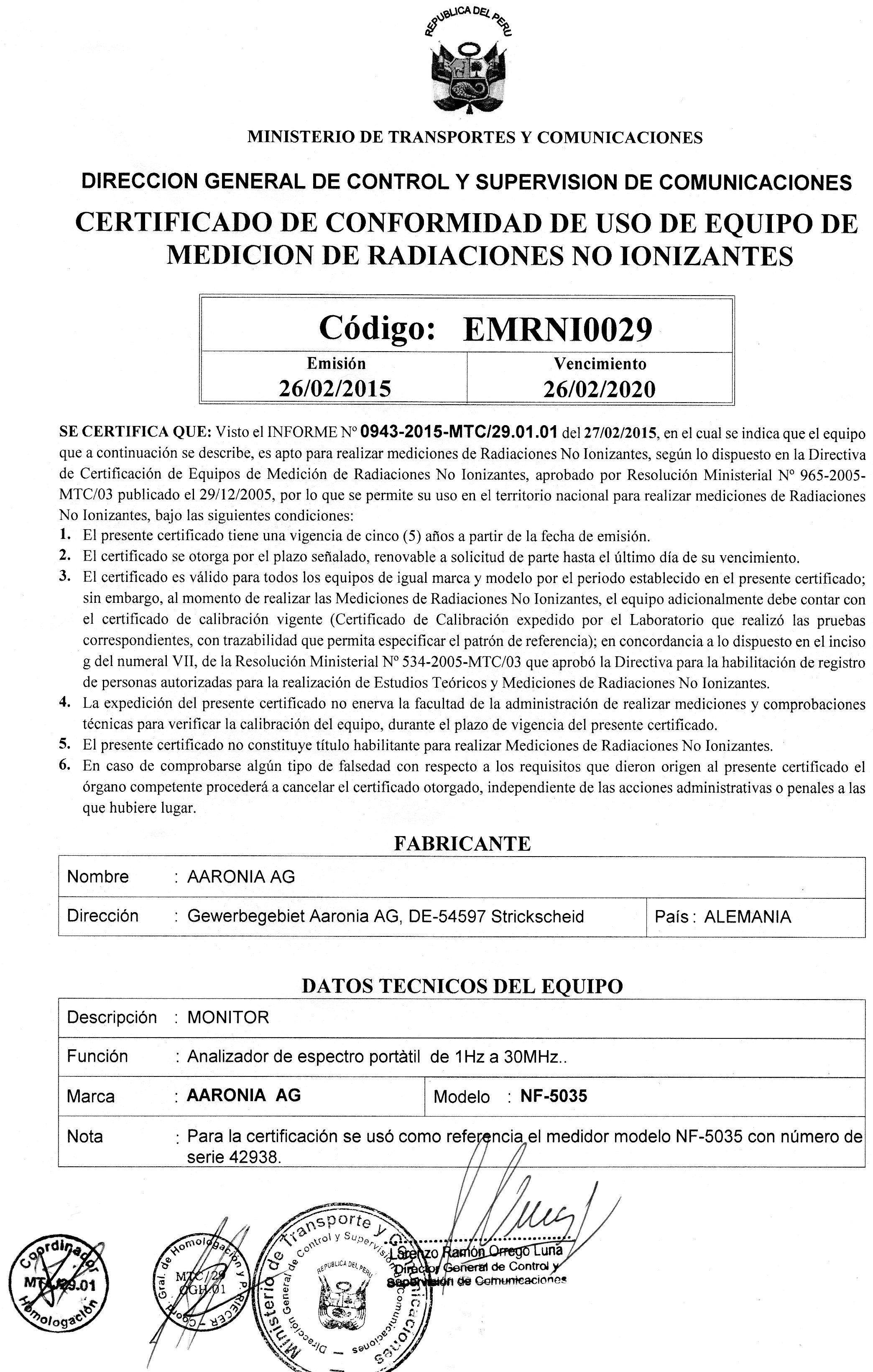 Cerificacion equipo Aaaronia 16-03-2015 